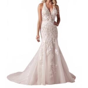 NEW REBECCA INGRAM elizabetta deep illusion v-neckline gown in ivory over misty